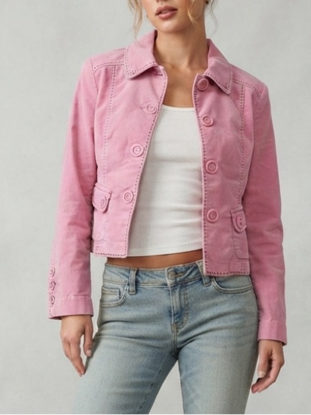 Y2K Pink Girly Cotton Long Sleeve Button up Spring Fall Jacket Size 6 Small